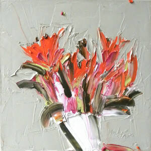 Alison McWhirter - Cerise and Orange Lilies against Pale Umber