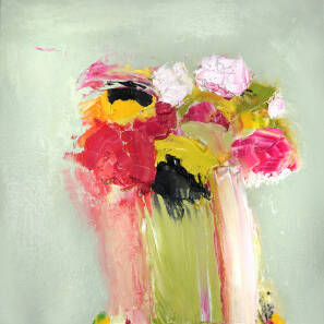 Alison McWhirter - Peace Rose, Flush Red Rose and Sunflower Against Yellow Grey