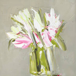 Alison McWhirter - White and Pink Lilies Against Warm Umber