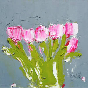 Alison McWhirter - Cerise Pink Tulips Against Grey Umber