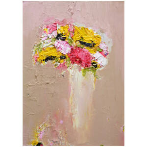 Alison McWhirter - Peony, Garden Rose and Sunflower Against Dusk Pink