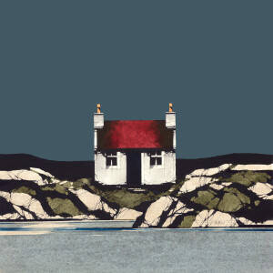 Ron  Lawson - Red Roof On The Barra Coast (8 x 8 inches, Framed 16 x 16 inches)