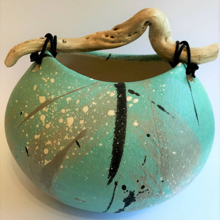 Anne Morrison - ‘Sea Splash’ squat pot with driftwood	