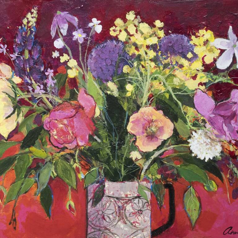Ann Oram RSW - May Flowers on Deep Red Ground