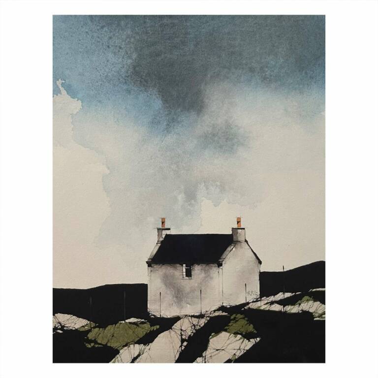 Ron  Lawson - Uist White House With Colour (8.5x7inches, framed 16.5x15inches)